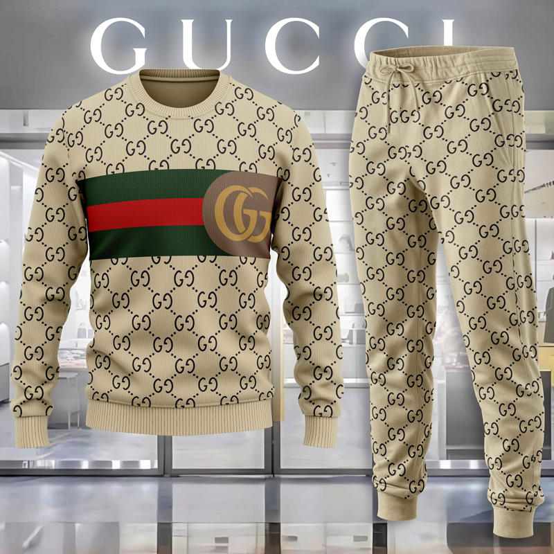 Gucci GC Beige Luxury Brand Sweatshirt Sweater Long Pants Set Fashion Style Premium Outfits Special Collection For Men Women