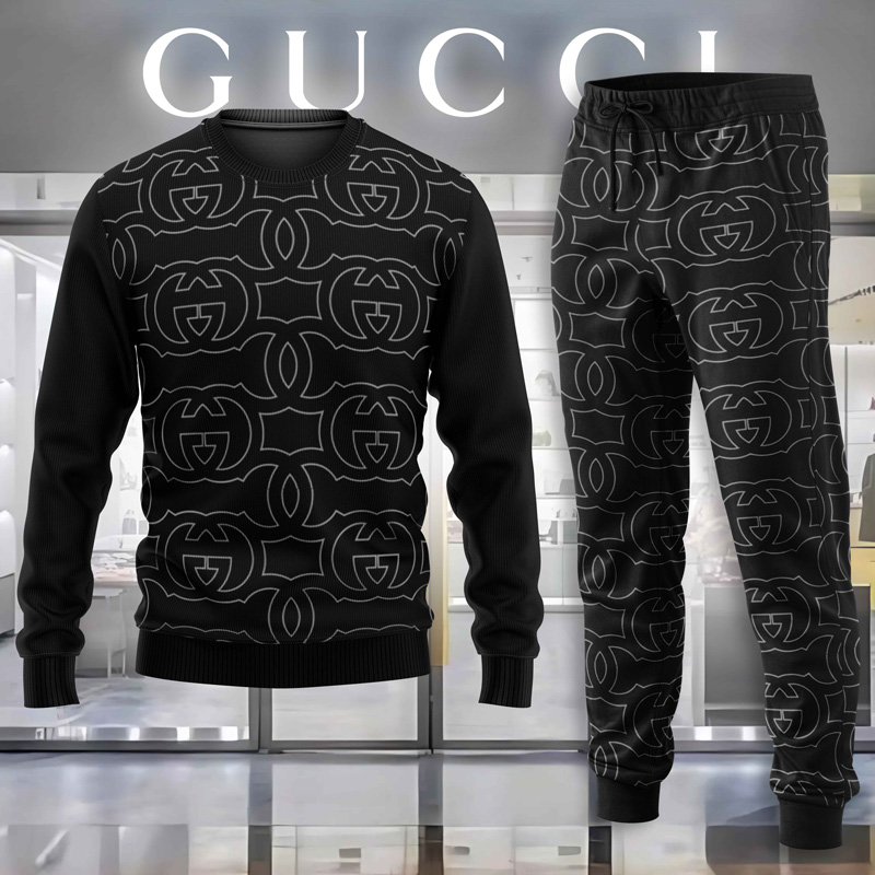 Gucci GC Pattern Black Luxury Brand Sweatshirt Sweater Long Pants Set Fashion Style Premium Outfits Special Collection For Men Women