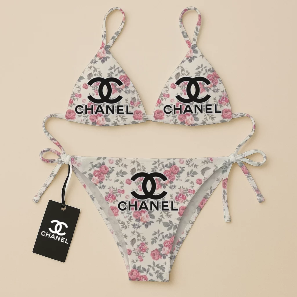 Chanel Logo Flowers Pattern Luxury Brand Two Pieces Bikini Fashion Style Premium Summer Collection For Women