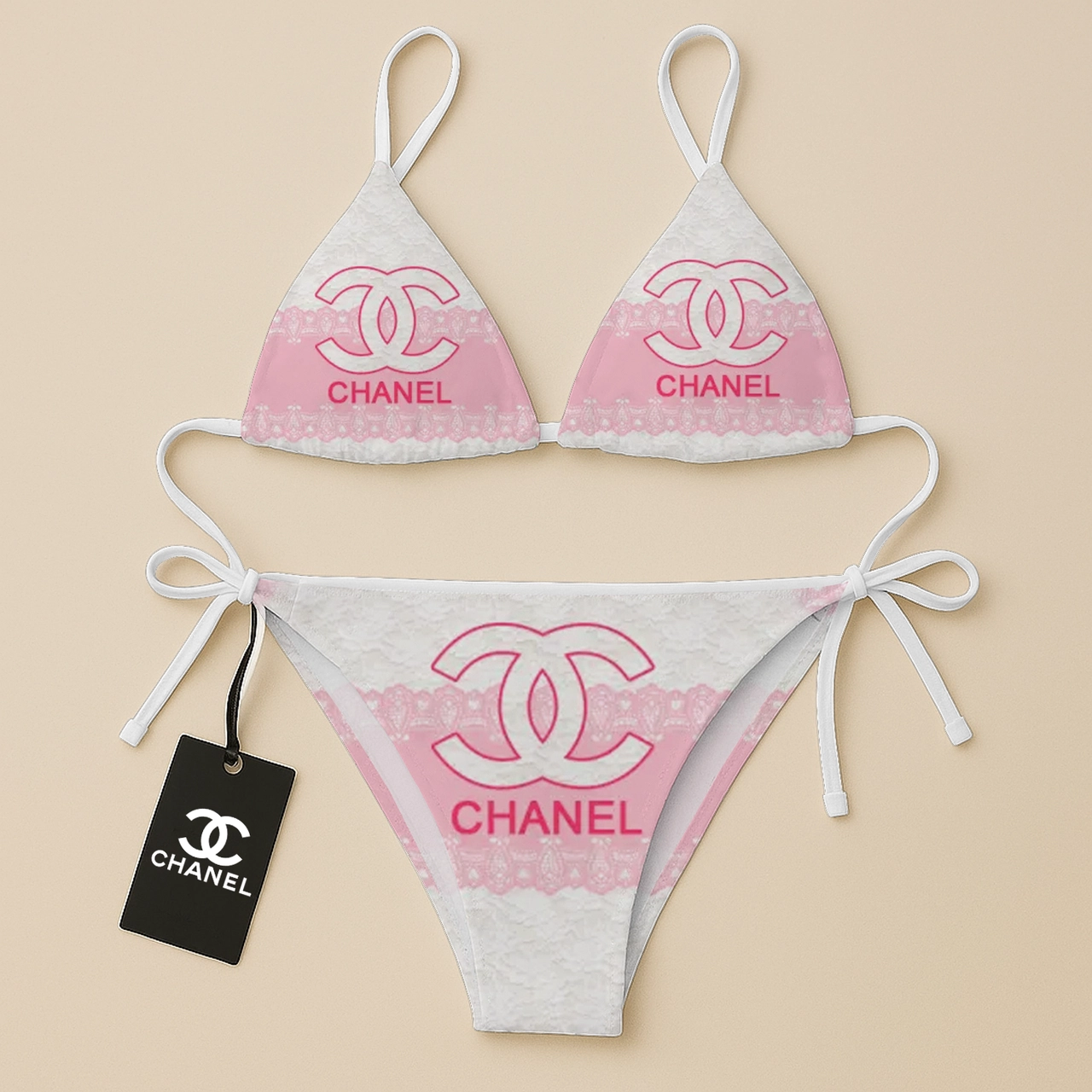 Chanel Logo Pinky Luxury Brand Two Pieces Bikini Fashion Style Premium Summer Collection For Women