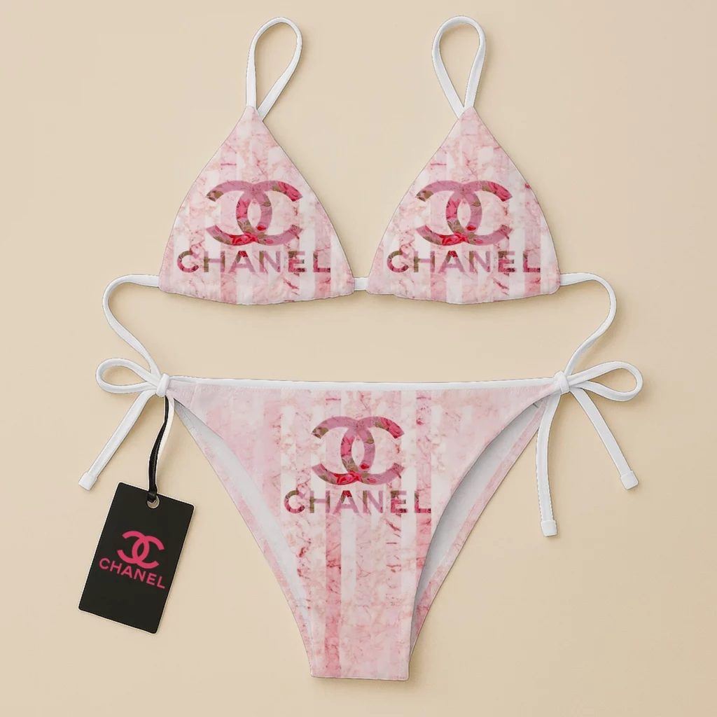 Chanel Pink Logo Luxury Brand Two Pieces Bikini Fashion Style Premium Summer Collection For Women