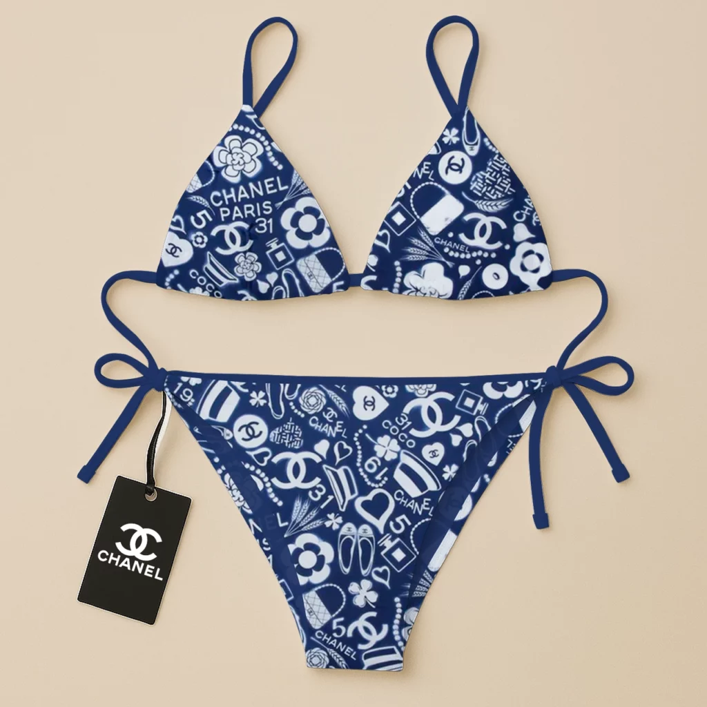 Chanel Coco Pattern Blue Luxury Brand Two Pieces Bikini Fashion Style Premium Summer Collection For Women