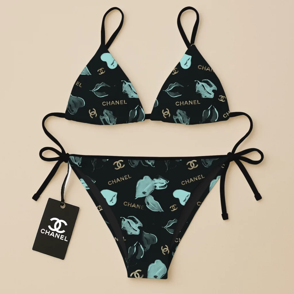 Chanel Lips Black Luxury Brand Two Pieces Bikini Fashion Style Premium Summer Collection For Women