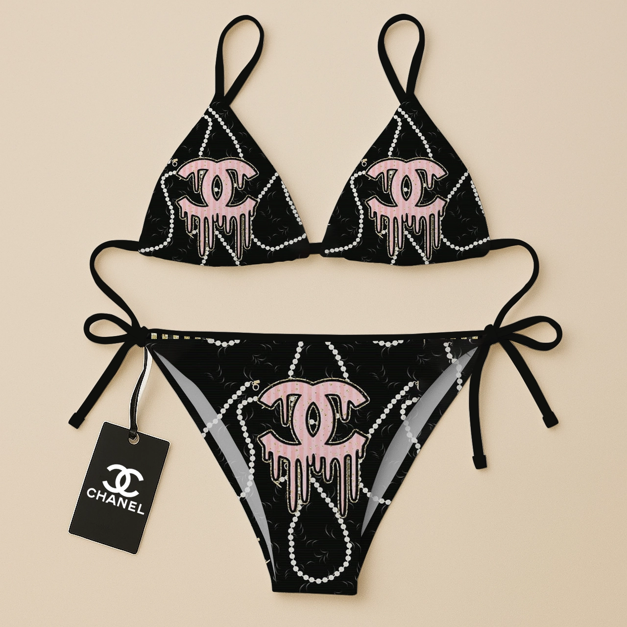 Chanel Pink Logo Black Luxury Brand Two Pieces Bikini Fashion Style Premium Summer Collection For Women