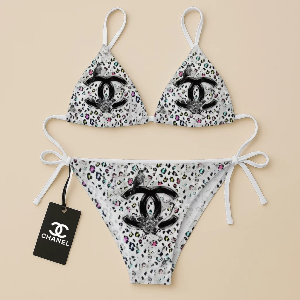 Chanel Logo White Luxury Brand Two Pieces Bikini Fashion Style Premium Summer Collection For Women