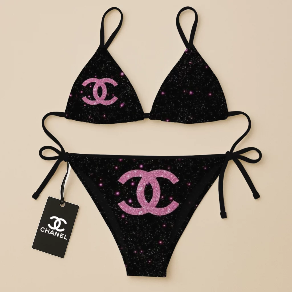 Chanel Logo Black Luxury Brand Two Pieces Bikini Fashion Style Premium Summer Collection For Women