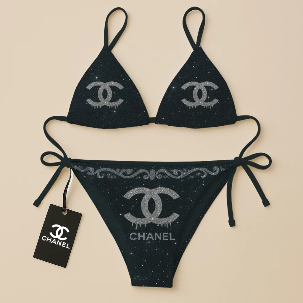 Chanel Grey Logo Black Luxury Brand Two Pieces Bikini Fashion Style Premium Summer Collection For Women