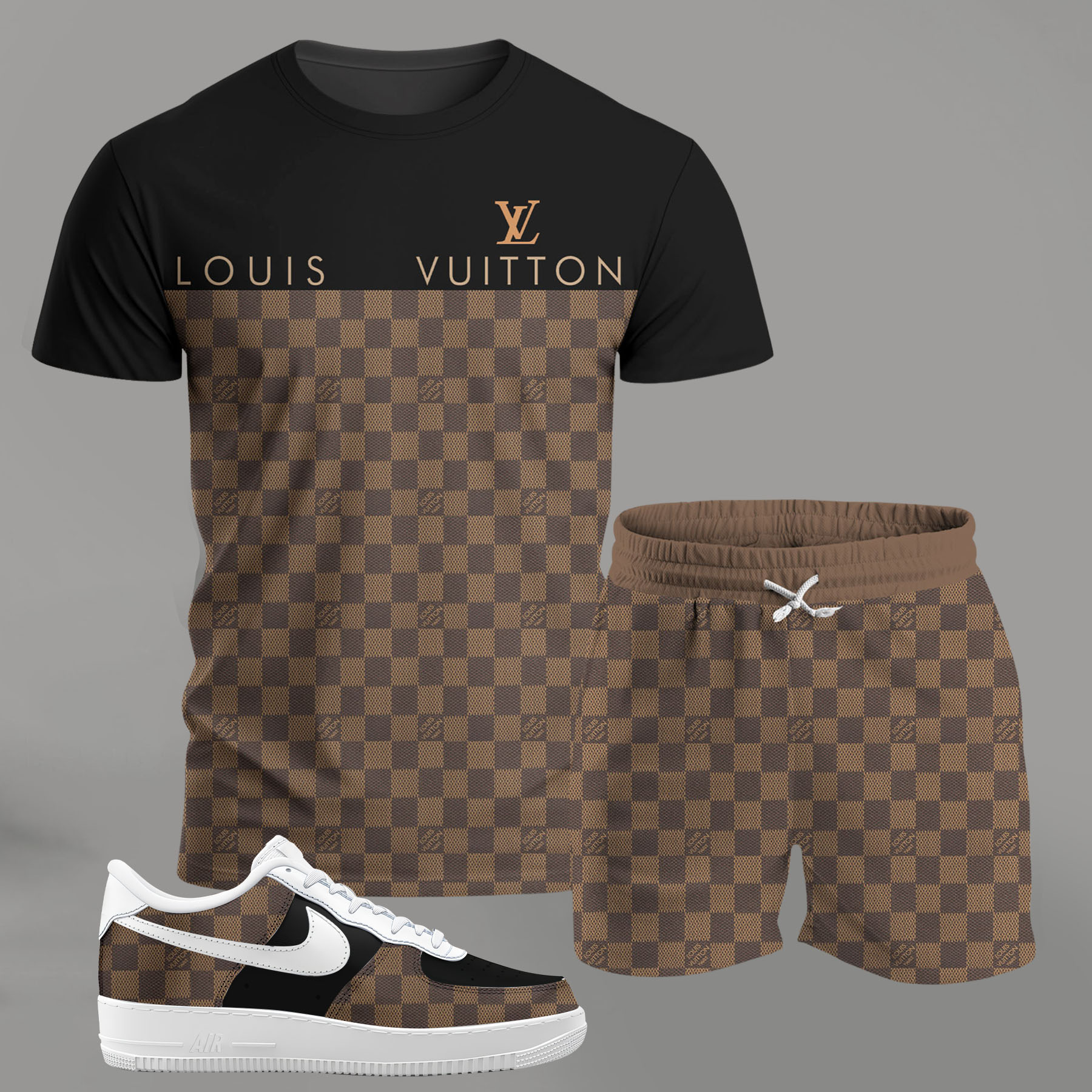 Louis Vuitton LV Black Brown Luxury Brand Premium Unisex T-Shirt Short Sneakers Set Fashion Style Special Collection For Men Women