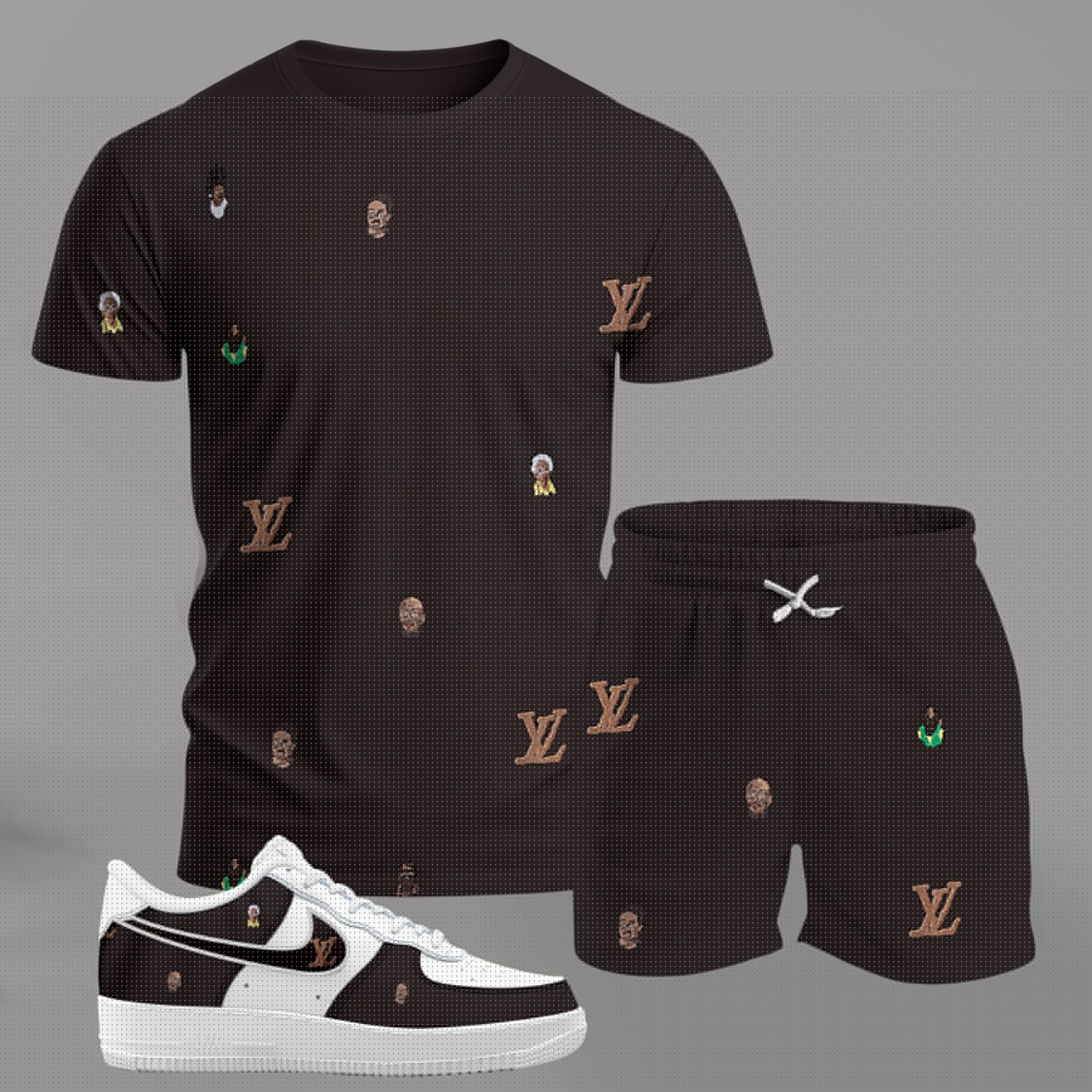 Louis Vuitton Logo Brown Luxury Brand Premium Unisex T-Shirt Short Sneakers Set Fashion Style Special Collection For Men Women