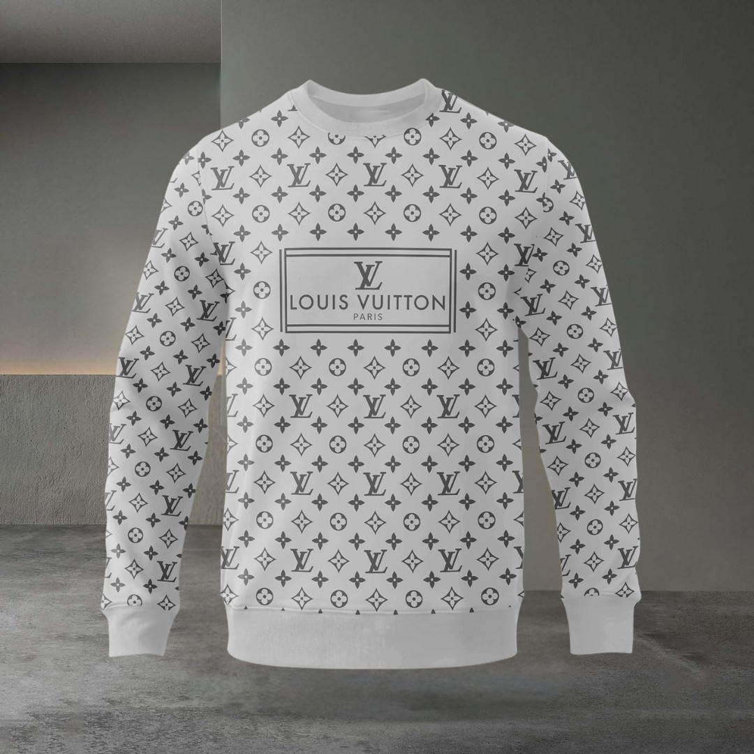 Louis Vuitton Paris Grey Logo White Luxury Brand Premium Sweatshirt Sweater Fashion Style Collection Special Outfit For Men Women