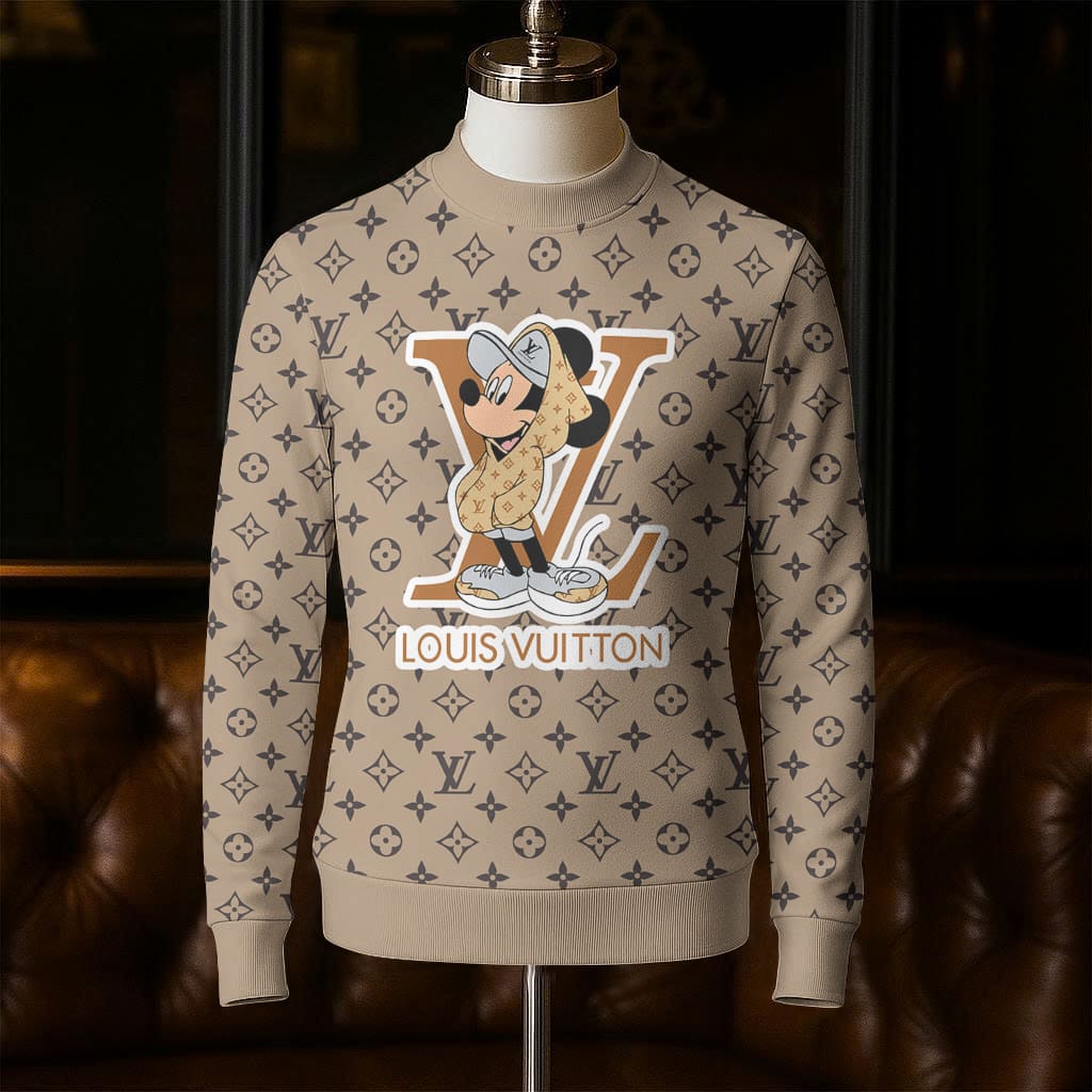 Louis Vuitton LV Mickey Mouse Brown White Luxury Brand Sweatshirt Sweater Fashion Style Premium Collection Special Outfit For Men Women