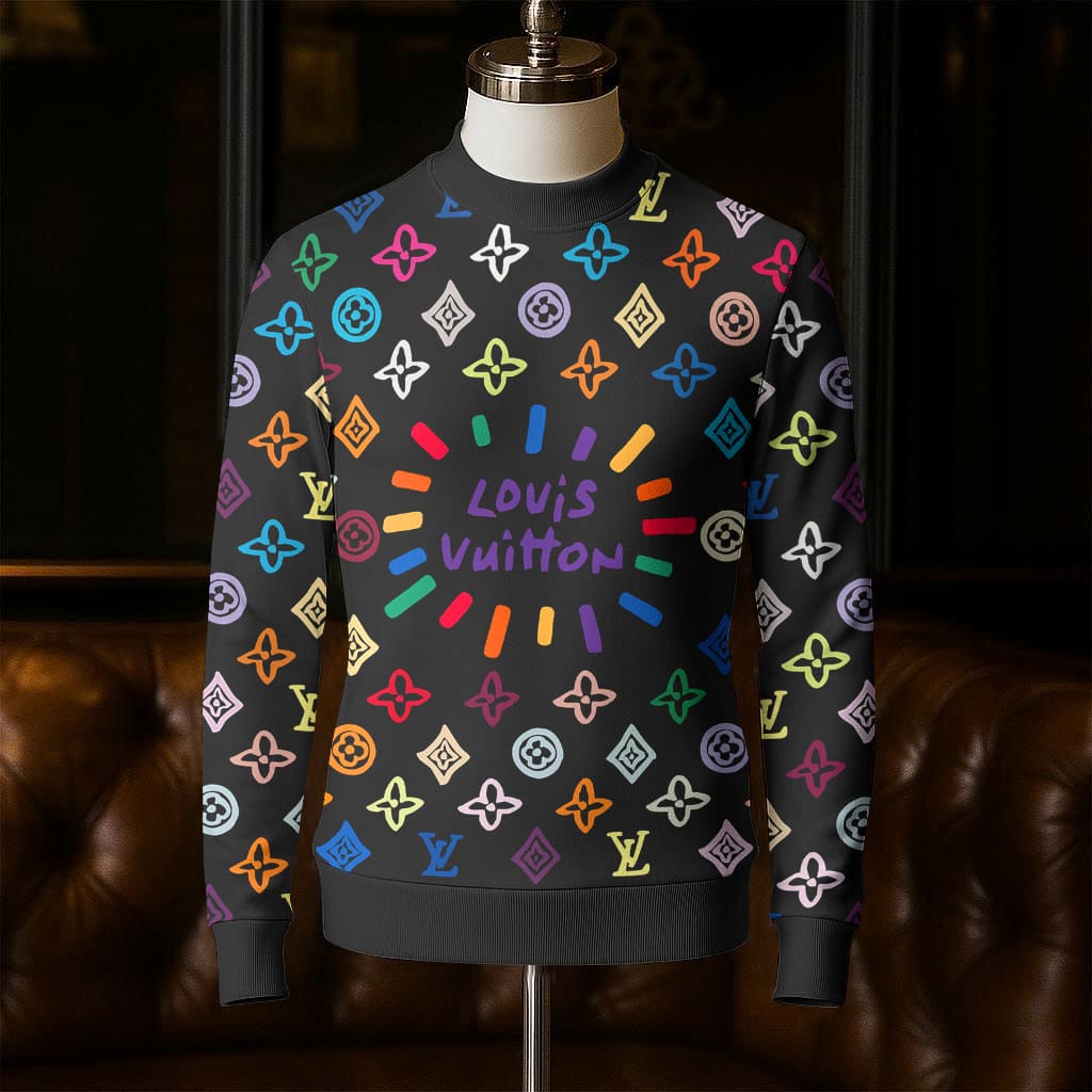 Louis Vuitton LV Colorful Pattern Black Luxury Brand Sweatshirt Sweater Fashion Style Premium Collection Special Outfit For Men Women
