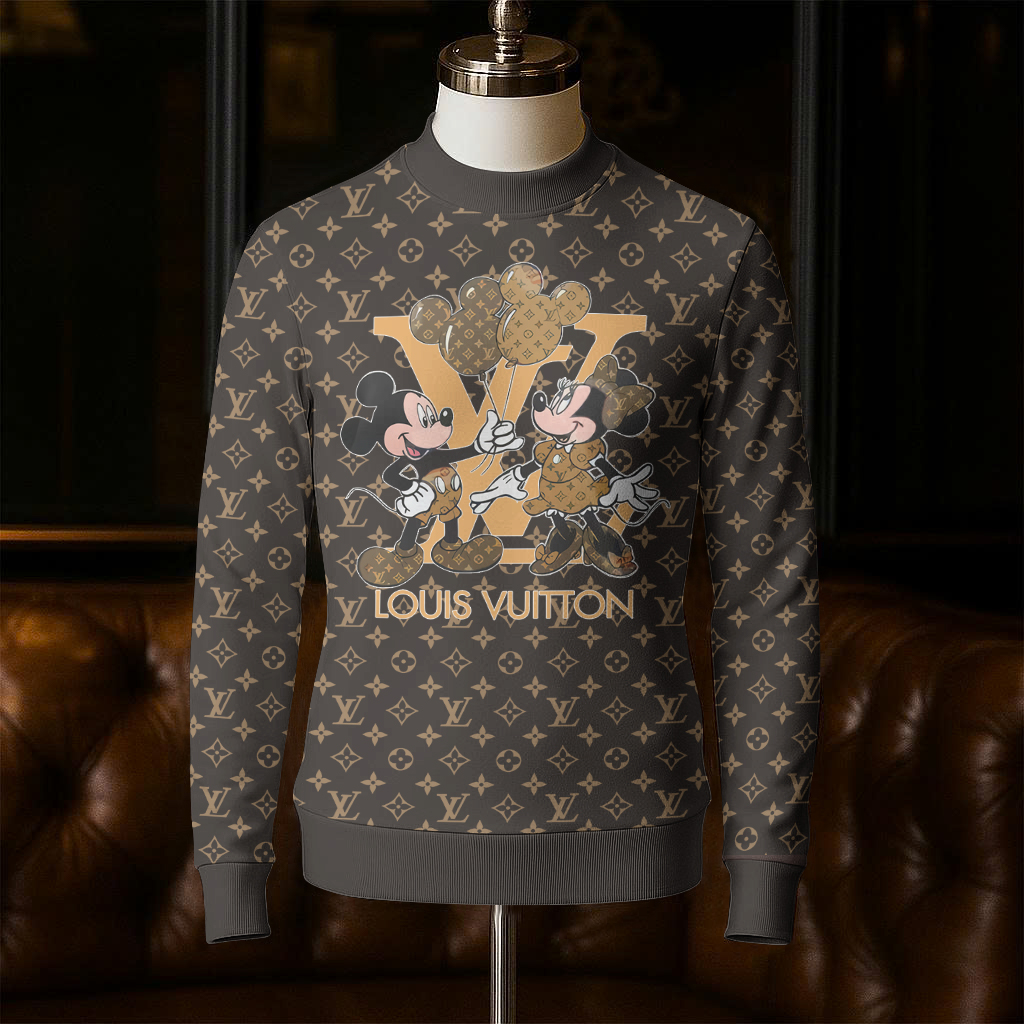 Louis Vuitton Mickey Minnie Mouse Brown Luxury Brand Sweatshirt Sweater Fashion Style Premium Collection Special Outfit For Men Women