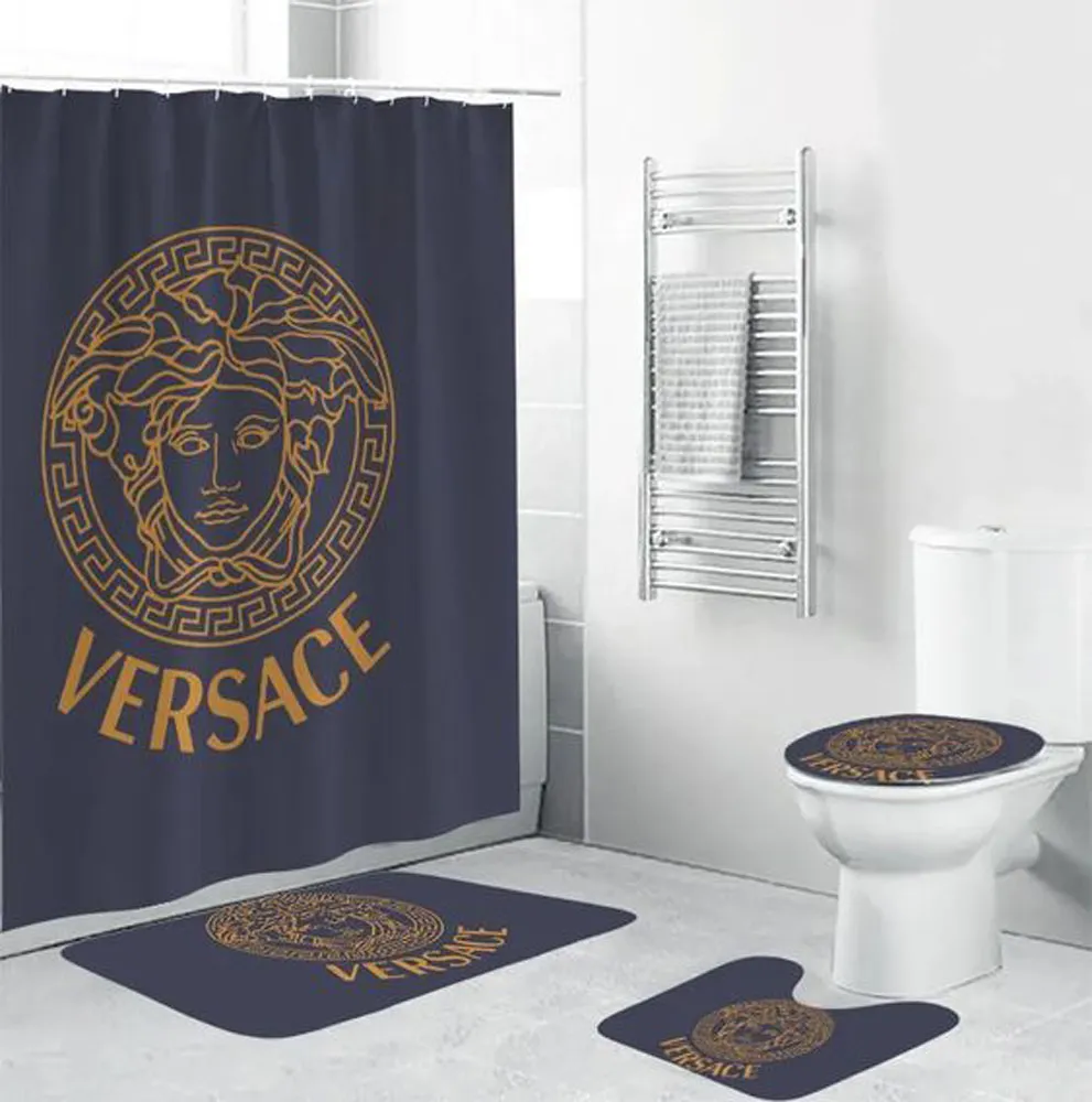 versace blue fashion bathroom set luxury shower curtain bath rug mat ...