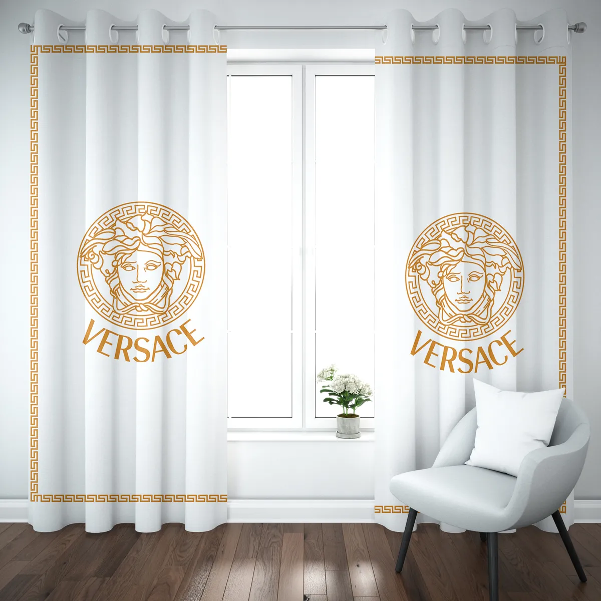 
                versace white golden logo luxury fashion window curtain home decor
            