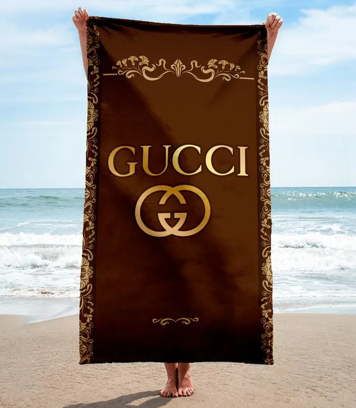 Gucci Golden Logo Brown Premium Beach Towel Luxury Brand For Summer Swimming Shower Sunshine