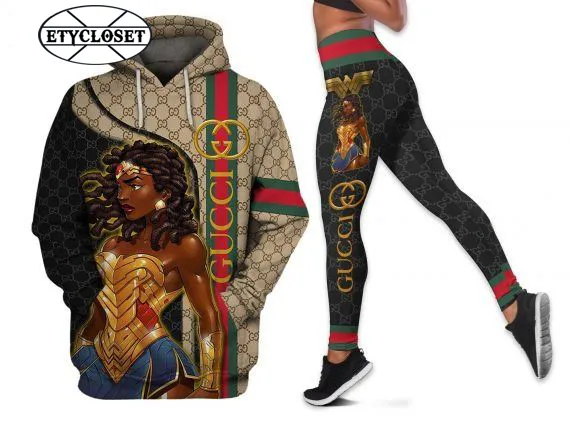 Gucci Black Wonder Woman Premium Hoodie Leggings Set Luxury Brand Clothing Clothes Outfit For Women