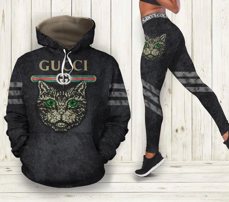 Gucci Black Cat Hoodie Leggings Set Luxury Brand Clothing Clothes Outfit For Women