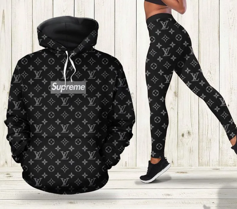 Louis Vuitton Supreme Black Hoodie Leggings Set Luxury Brand Clothing Clothes Outfit For Women