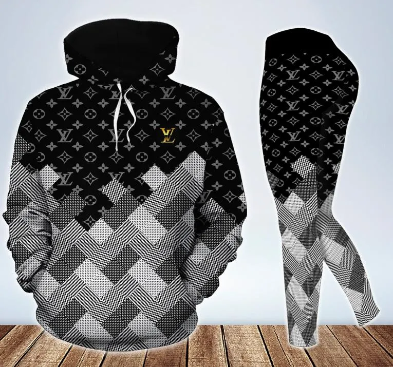 Louis Vuitton Black Grey Hoodie Leggings Set Luxury Brand Clothing Clothes Outfit For Women