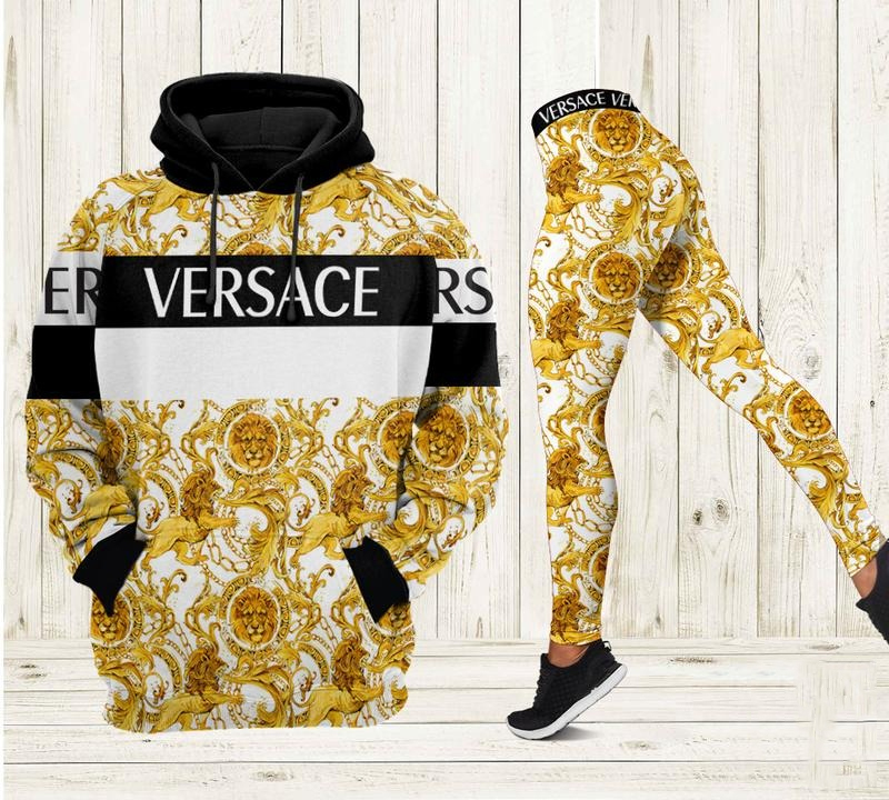 Versace luxury brand black and white stripe 3d hoodie and leggings set 287 hcst