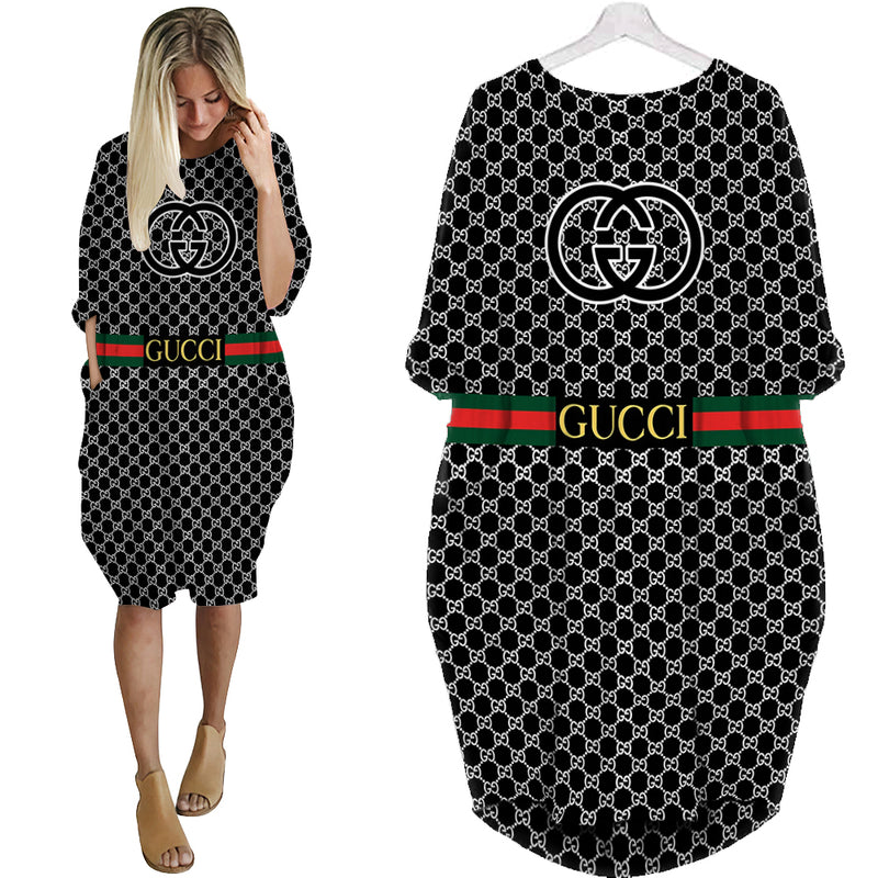 
gucci black monogram batwing pocket dress luxury brand clothing clothes outfit for women hot 2023
