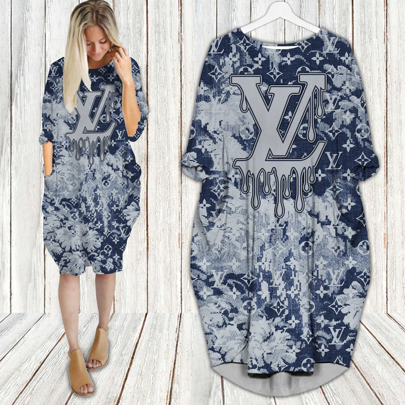 Louis vuitton blue batwing pocket dress lv luxury brand clothing clothes outfit for women 197 bwdl