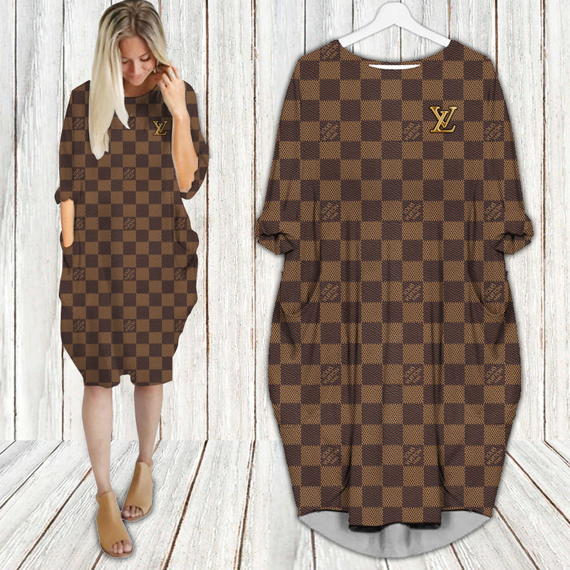 Louis vuitton brown batwing pocket dress lv luxury brand clothing clothes outfit for women 200 bwdl