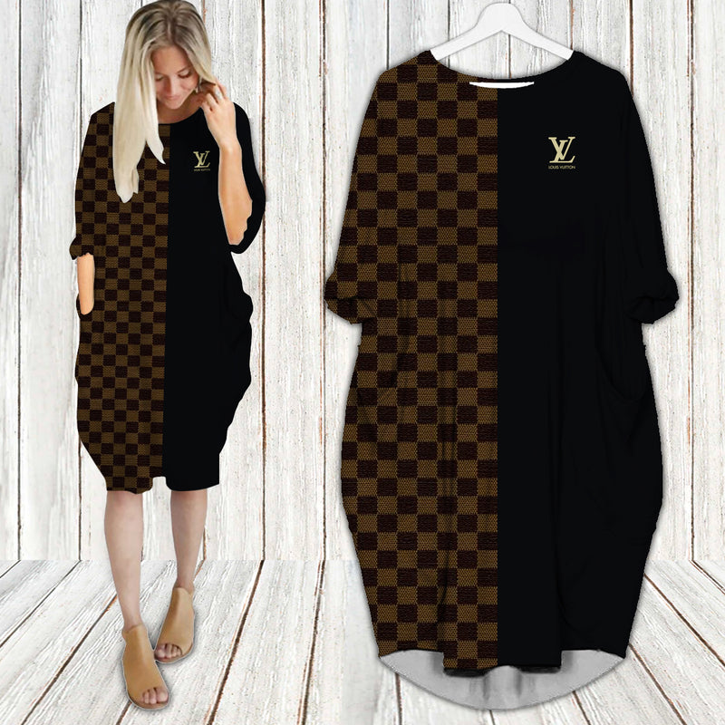 Louis vuitton brown batwing pocket dress lv luxury brand clothing clothes outfit for women 201 bwdl