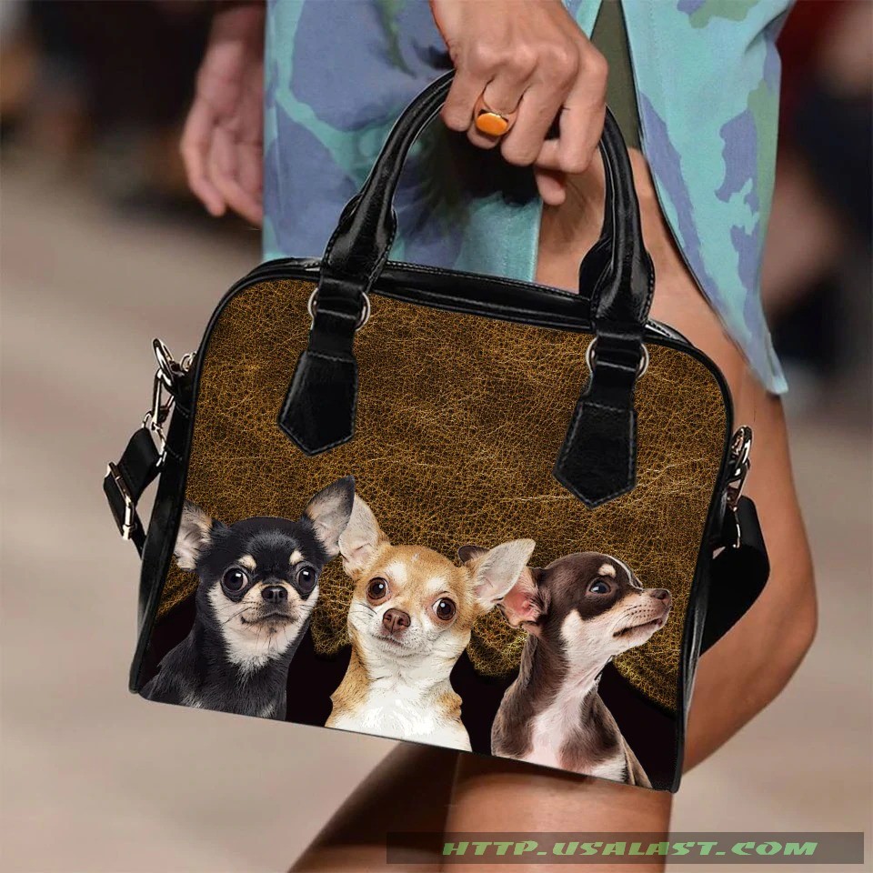 Three chihuahuas in hole brown leather pattern shoulder handbag luxury