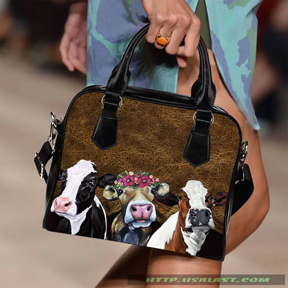 Three cows in hole brown leather pattern shoulder handbag luxury