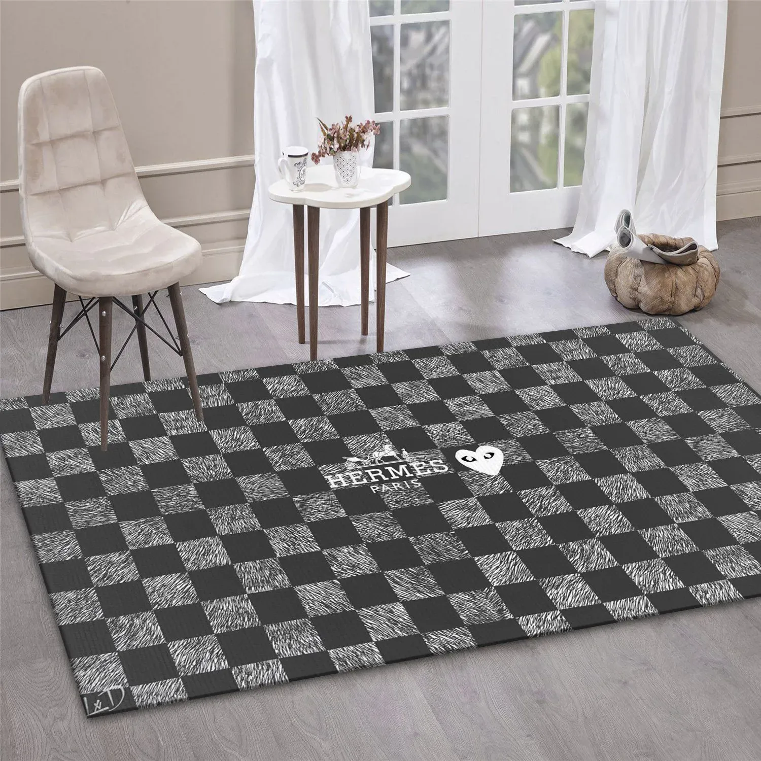 Hermes Classic Checkered Rug in Luxe Grey and White