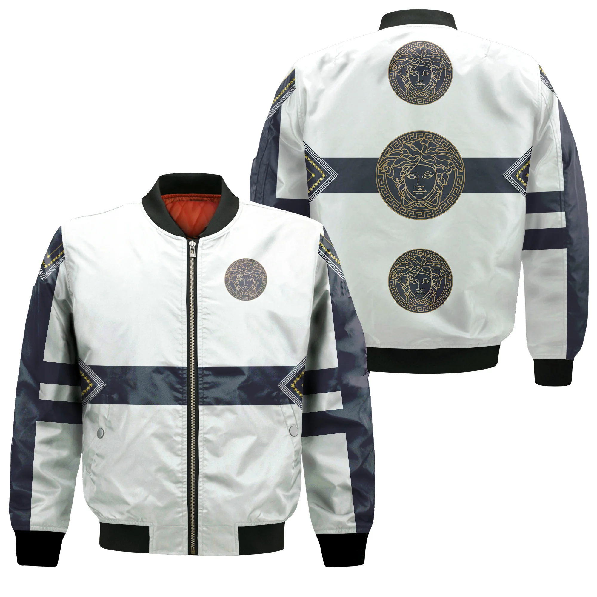 
                versace white luxury brand premium bomber jacket outfit for men women
            