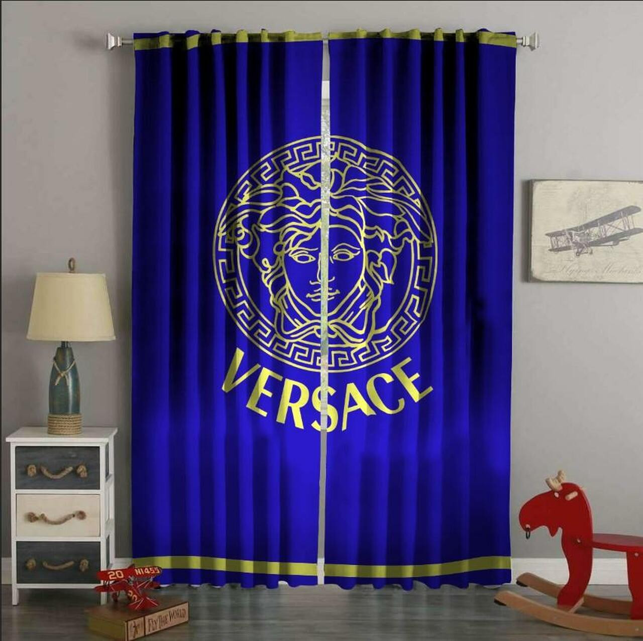 
                versace blue printed premium logo fashion luxury brand window curtain home decor
            