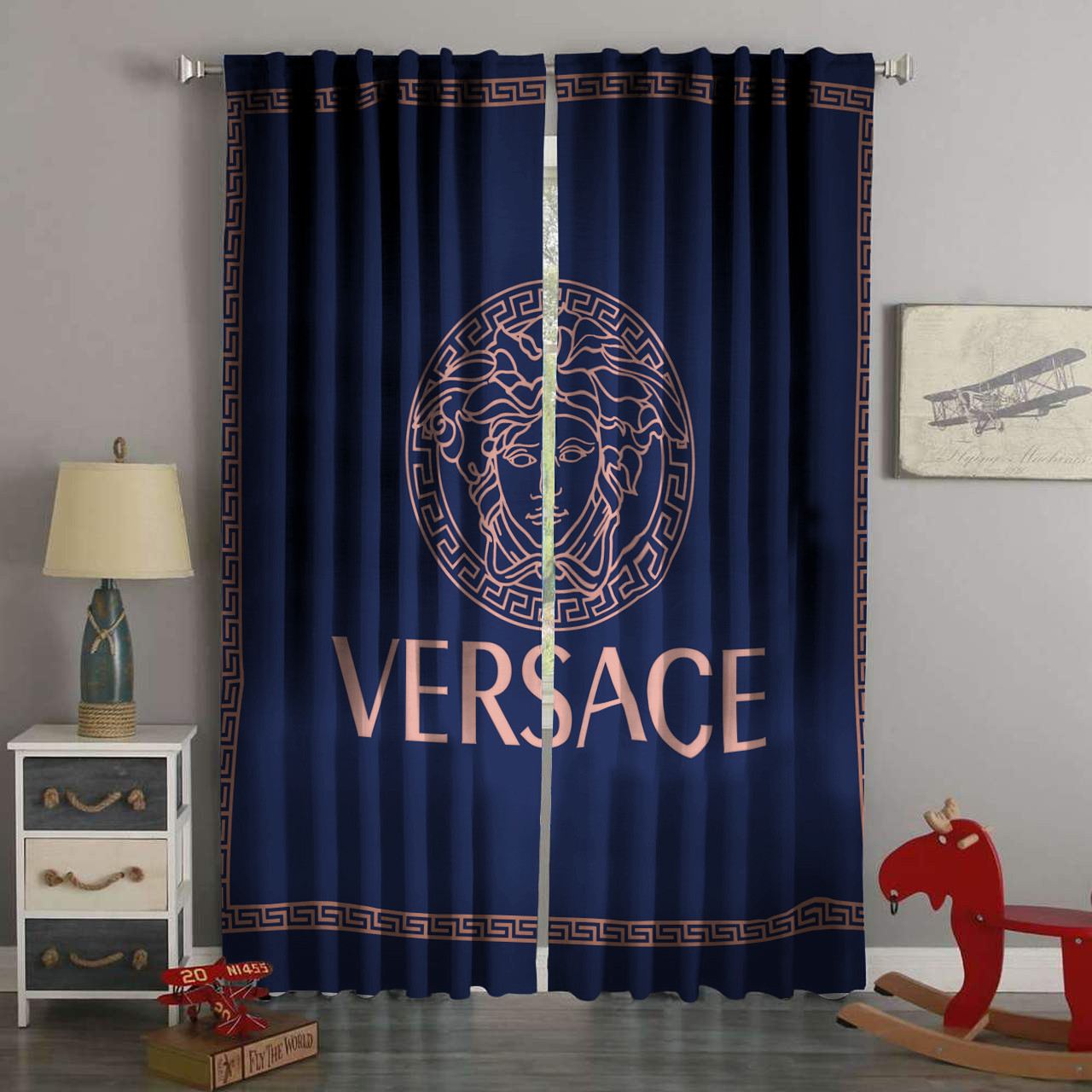 
                versace blue fashion logo luxury brand window curtain home decor
            