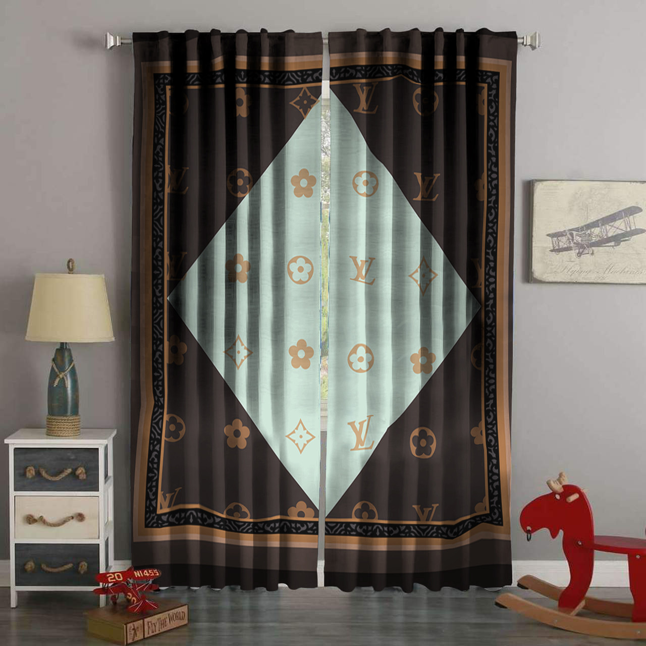 
                louis vuitton lv brown cyan window curtain
            