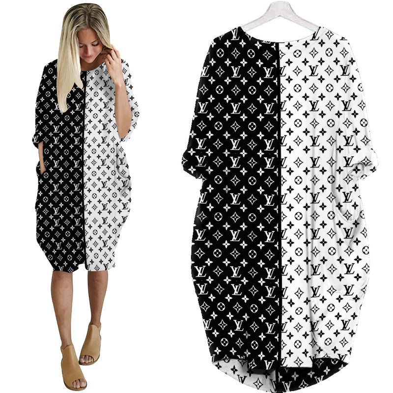 Louis vuitton black white batwing pocket dress lv luxury brand clothing clothes outfit for women 191 bwdl
