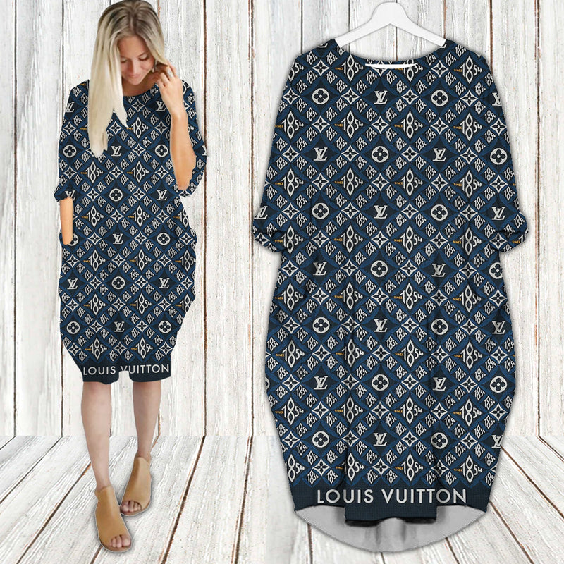 Louis vuitton blue batwing pocket dress lv luxury brand clothing clothes outfit for women 198 bwdl