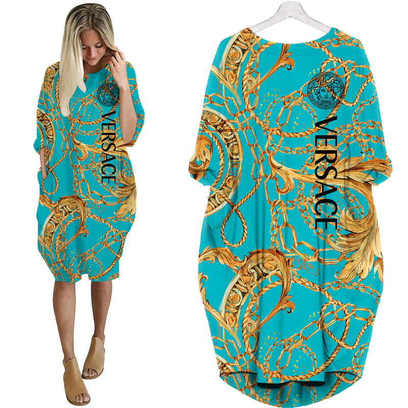 
gianni versace teal batwing pocket dress luxury brand clothing clothes outfit for women hot 2023
