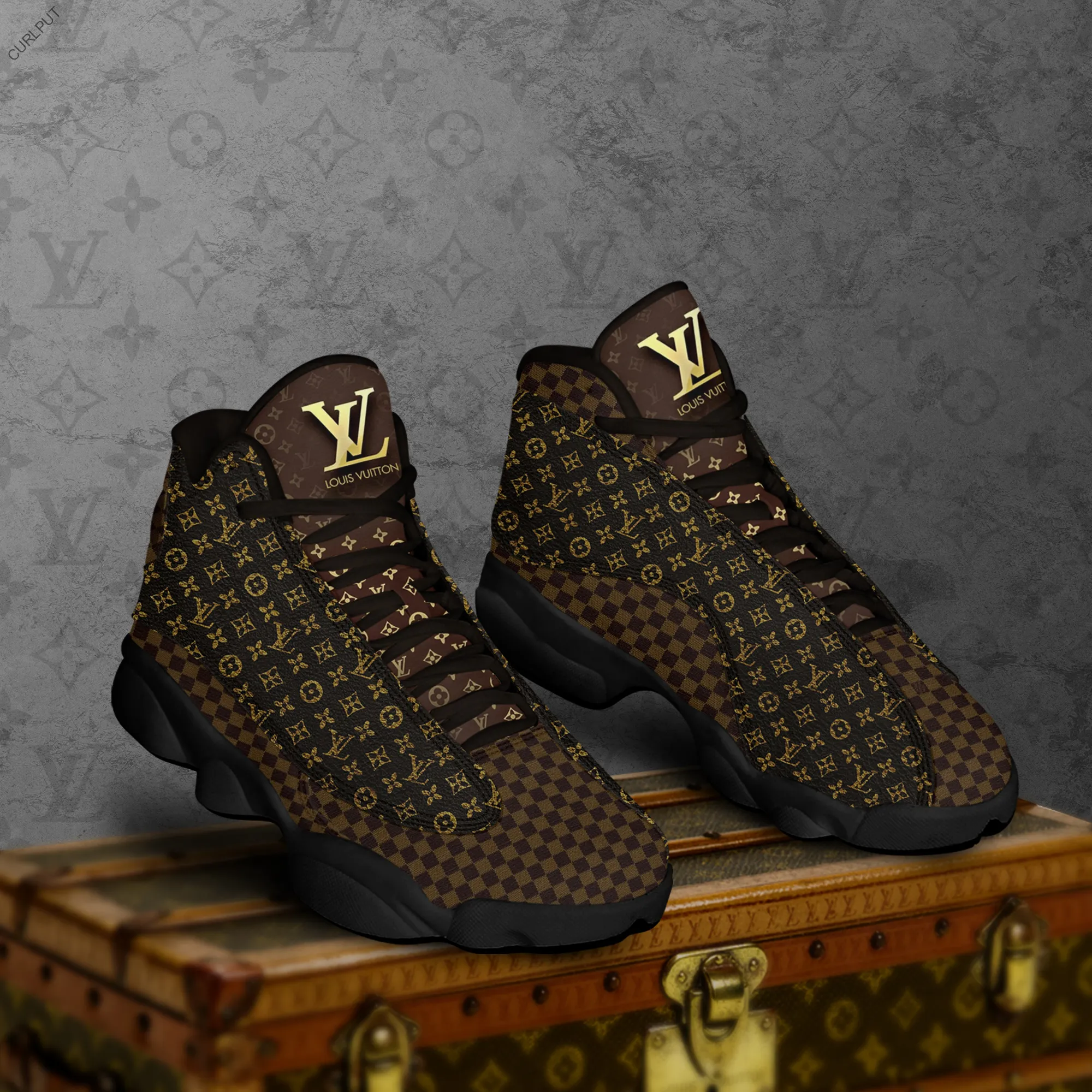 
louis vuitton brown gold air jordan 13 sneakers shoes hot 2022 lv gifts for men women

