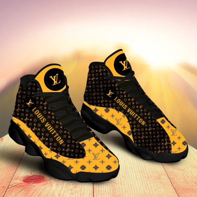 
louis vuitton brown yellow air jordan 13 sneakers shoes hot 2022 lv gifts for men women

