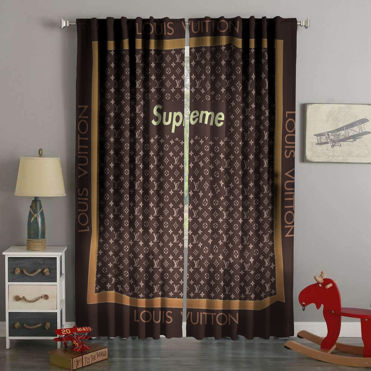 
                louis vuitton supreme lv brown square pattern window curtain
            
