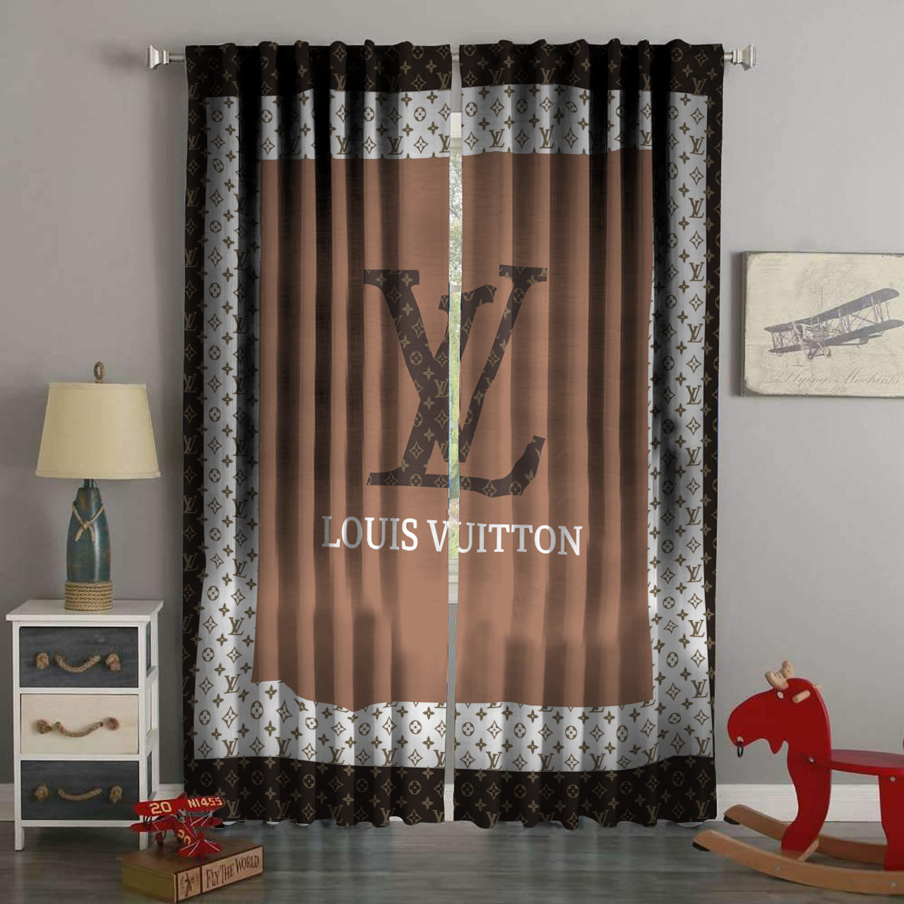 
                louis vuitton brown square pattern window curtain
            