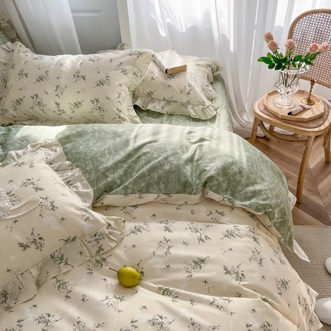 Green Floral Duvet Cover, Bedding Sets, College Dorm Duvet Cover, Full Duvet Cover Set, Queen King Duvet Cover, Aesthetic Bedding Set
