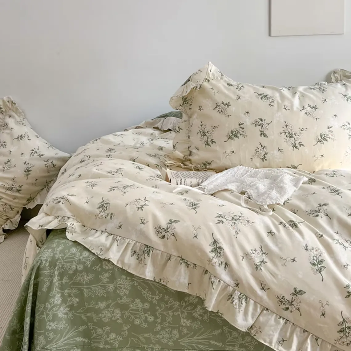 Green Floral Duvet Cover, Bedding Sets, College Dorm Duvet Cover, Full Duvet Cover Set, Queen King Duvet Cover, Aesthetic Bedding Set