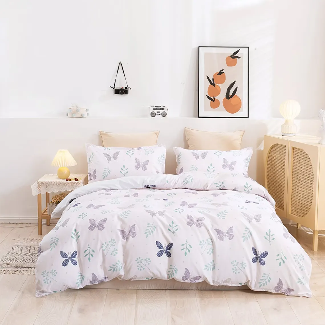 Butterfly Duvet Covers Set, Leaves Quilt Cover, Pattern Bedding Set, Plant Doona Cover, Simple Twin Bedding, White Bedding Set