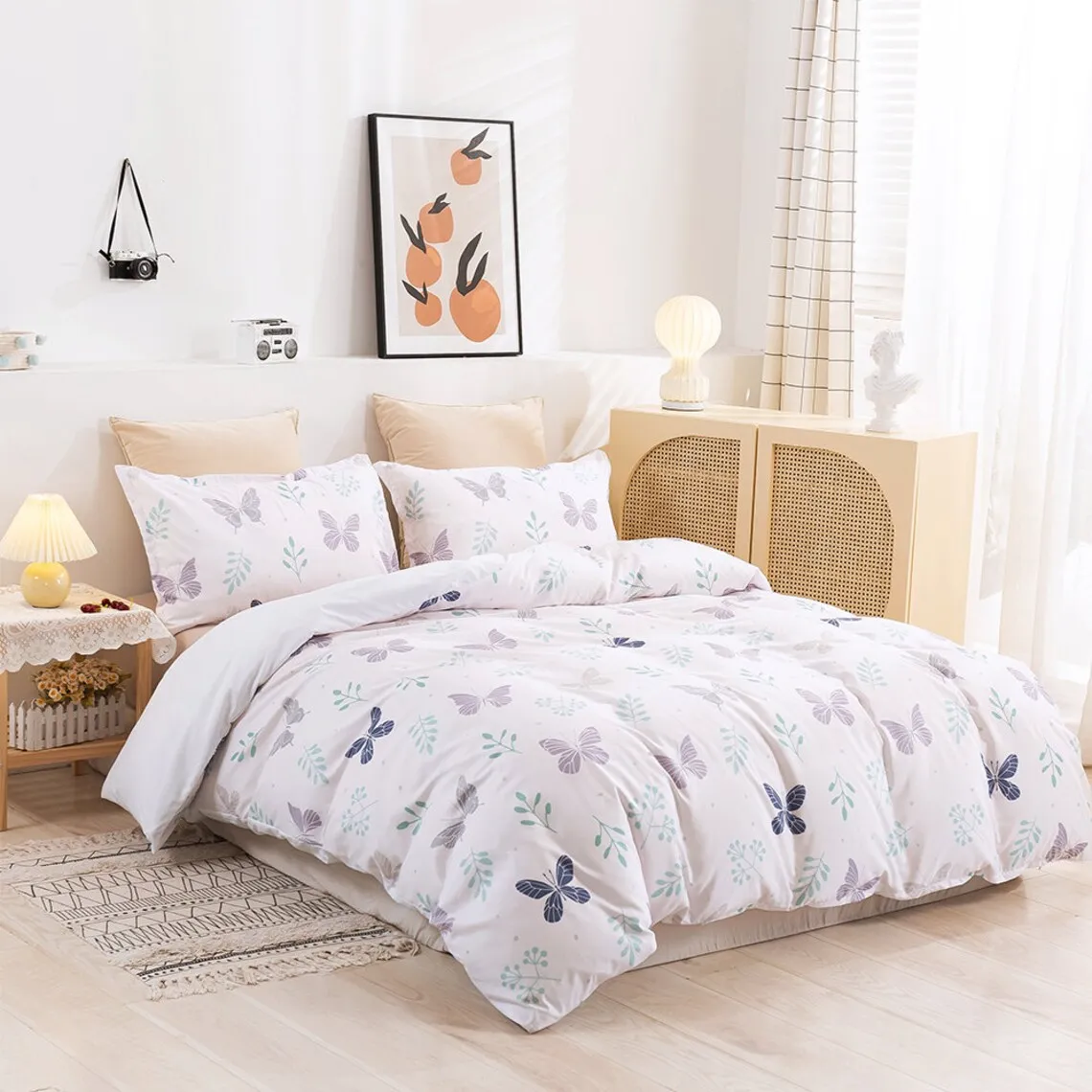 Butterfly Duvet Covers Set, Leaves Quilt Cover, Pattern Bedding Set, Plant Doona Cover, Simple Twin Bedding, White Bedding Set
