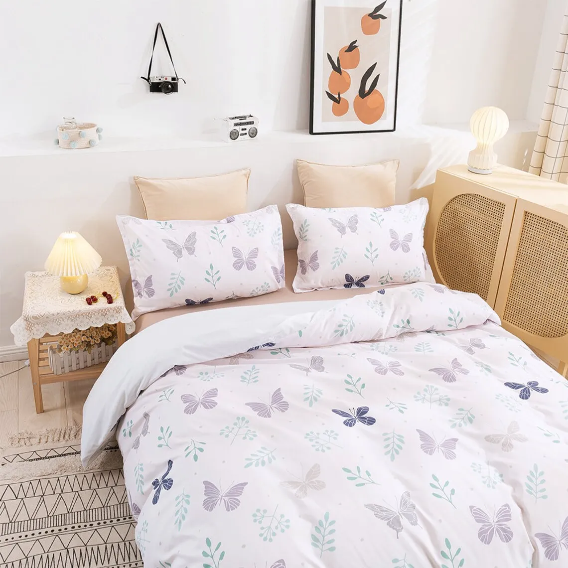 Butterfly Duvet Covers Set, Leaves Quilt Cover, Pattern Bedding Set, Plant Doona Cover, Simple Twin Bedding, White Bedding Set