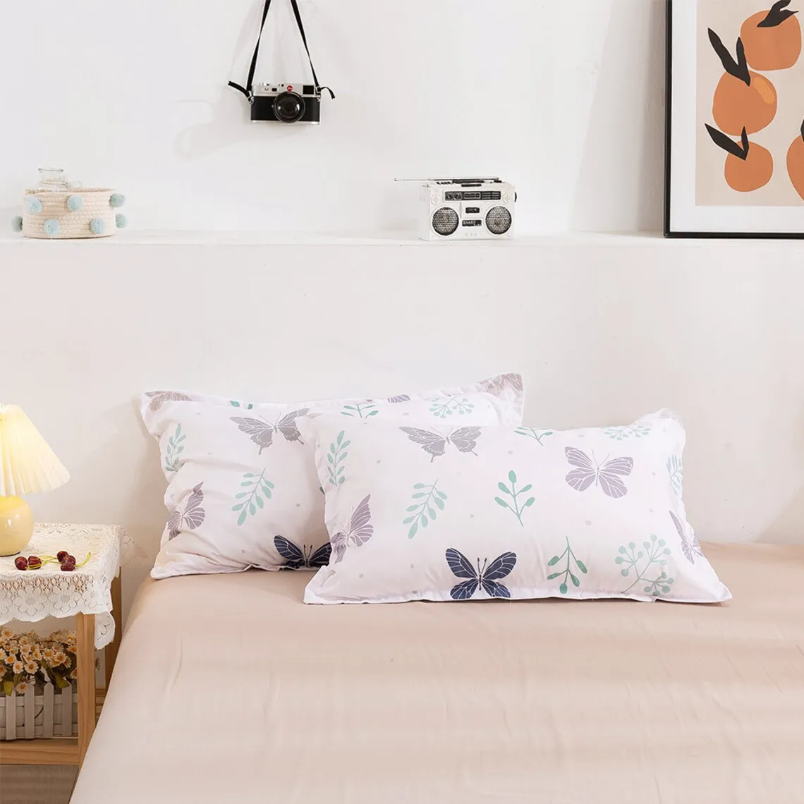 Butterfly Duvet Covers Set, Leaves Quilt Cover, Pattern Bedding Set, Plant Doona Cover, Simple Twin Bedding, White Bedding Set