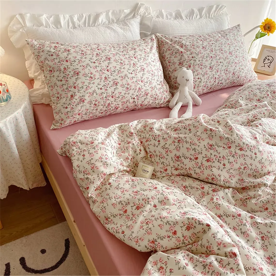 Pink Floral Duvet Cover Set, French Floral Gentle Bedding, Aesthetic Bedding, Cottagecore Bedding, Twin Full Queen King Duvet Cover